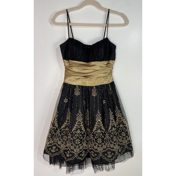 Vtg Y2K Dress 3/4 Black Gold Floral Mini Babydoll Whimsigoth Fairygrunge Mesh - Picture 1 of 15
